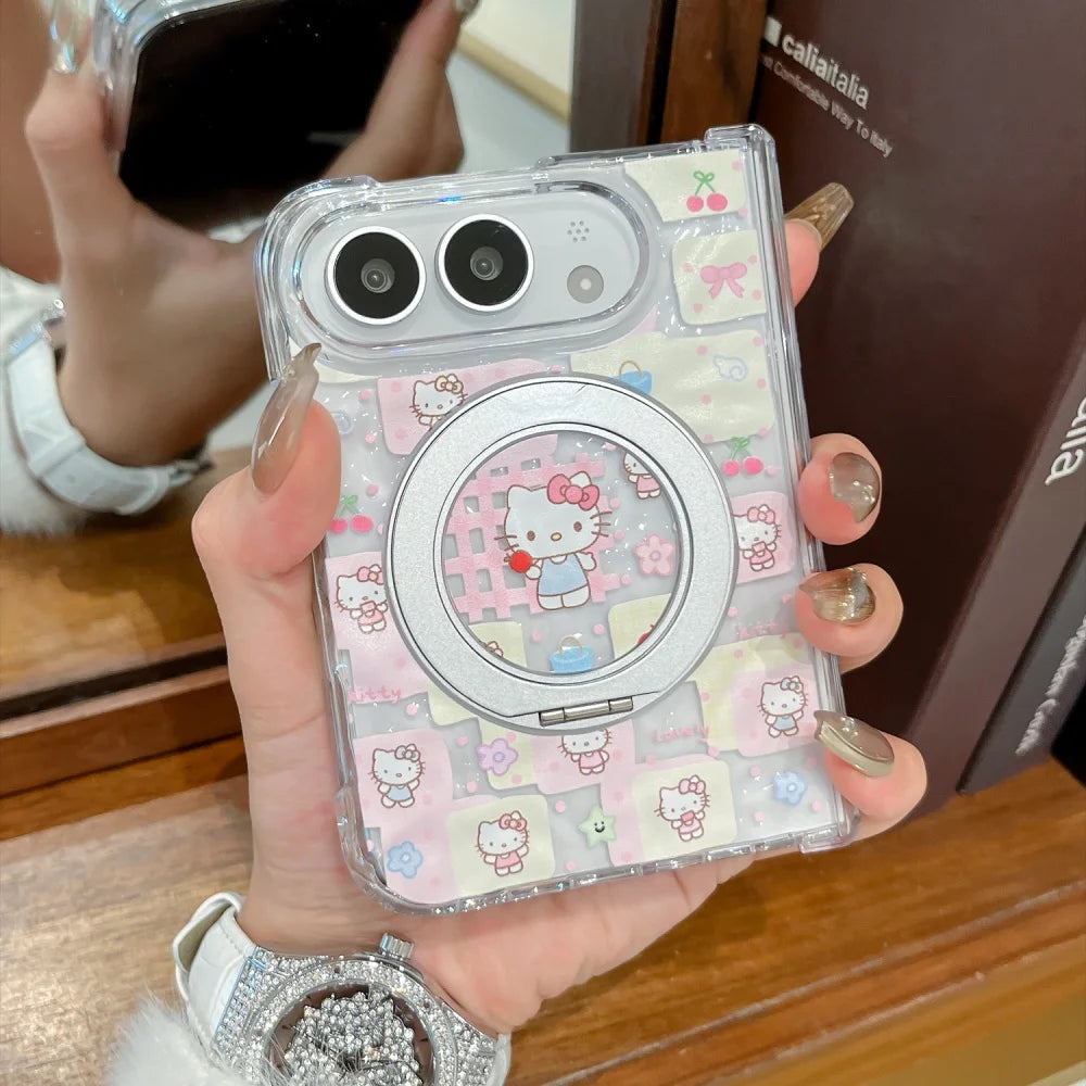 Kawaii Cartoon Kitten New Magnetic Phone Case for iPhone Duo Fashion Folding Anti-fall Protective Cover with MagSafe Holder Cute