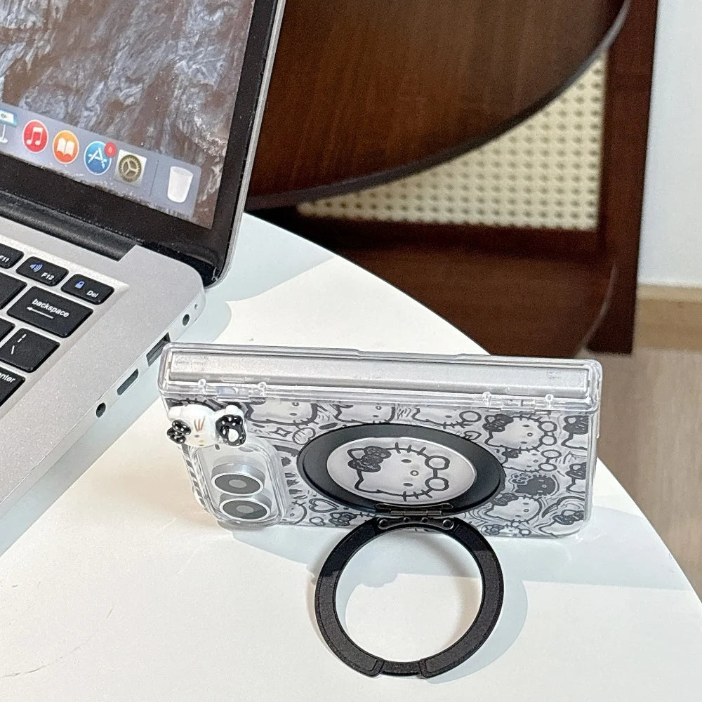 New Korean Ins Cute 3D Cartoon Cat Magnetic Phone Case for iPhone Duo Cases Fashion Anti-fall Protective Set with MagSafe Holder