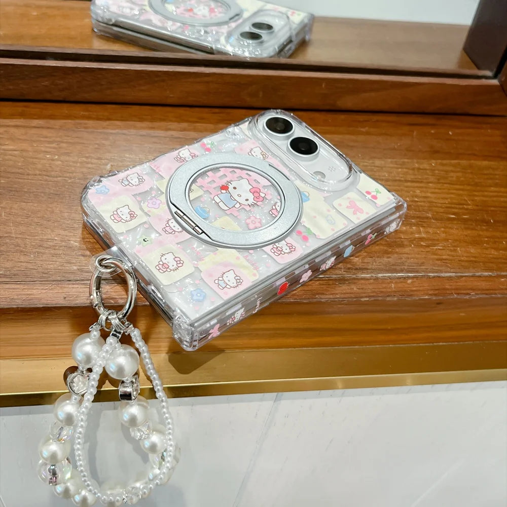 Kawaii Cartoon Kitten New Magnetic Phone Case for iPhone Duo Fashion Folding Anti-fall Protective Cover with MagSafe Holder Cute