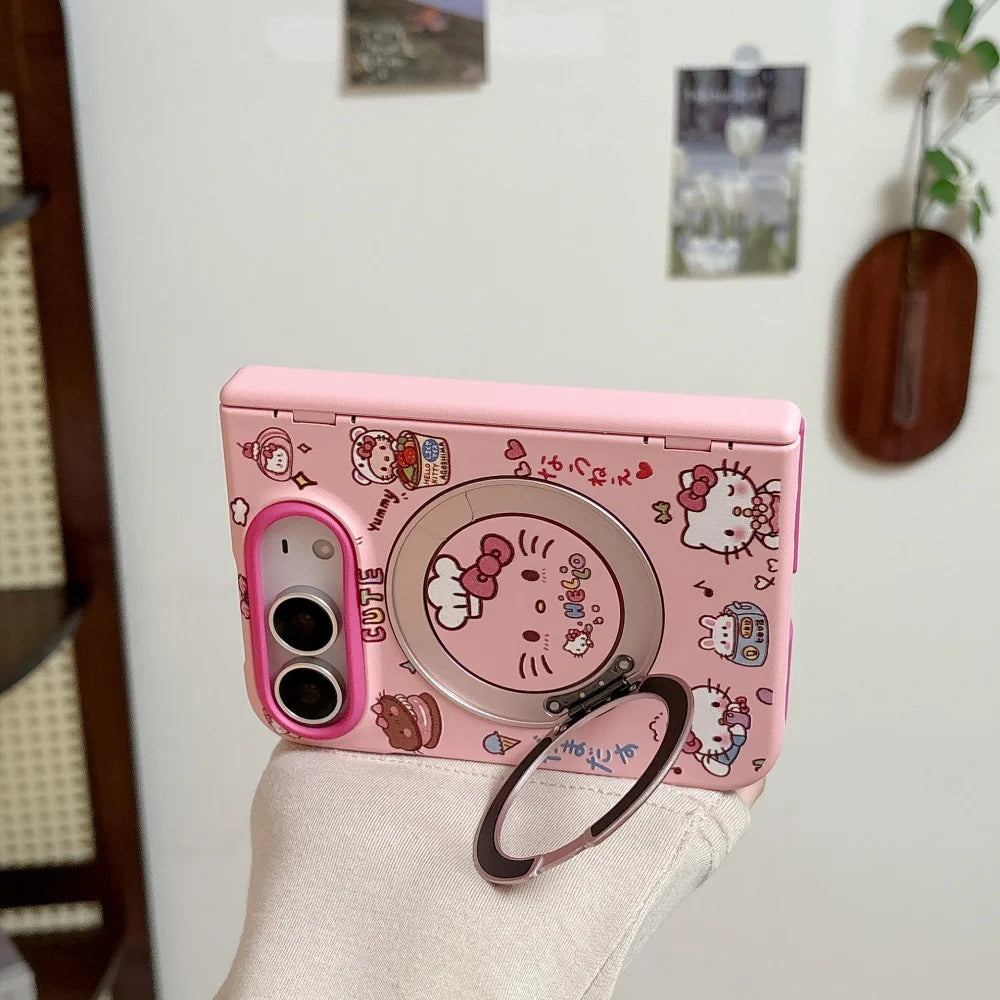 Fashion Ins Cute Cat Pink Phone Case for iPhone Duo Protective Cover with Magsafe Stand New Kawaii Cartoon Anti-fall Phone Cases