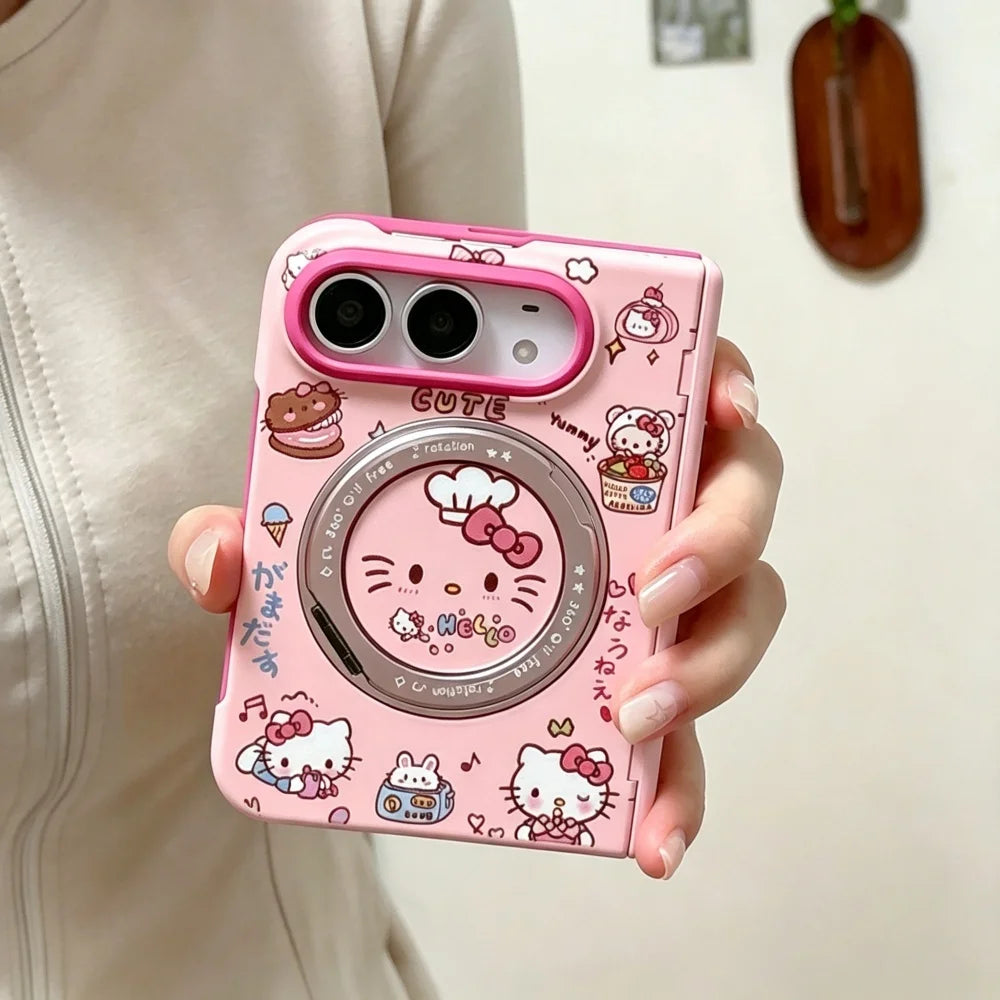 Fashion Ins Cute Cat Pink Phone Case for iPhone Duo Protective Cover with Magsafe Stand New Kawaii Cartoon Anti-fall Phone Cases