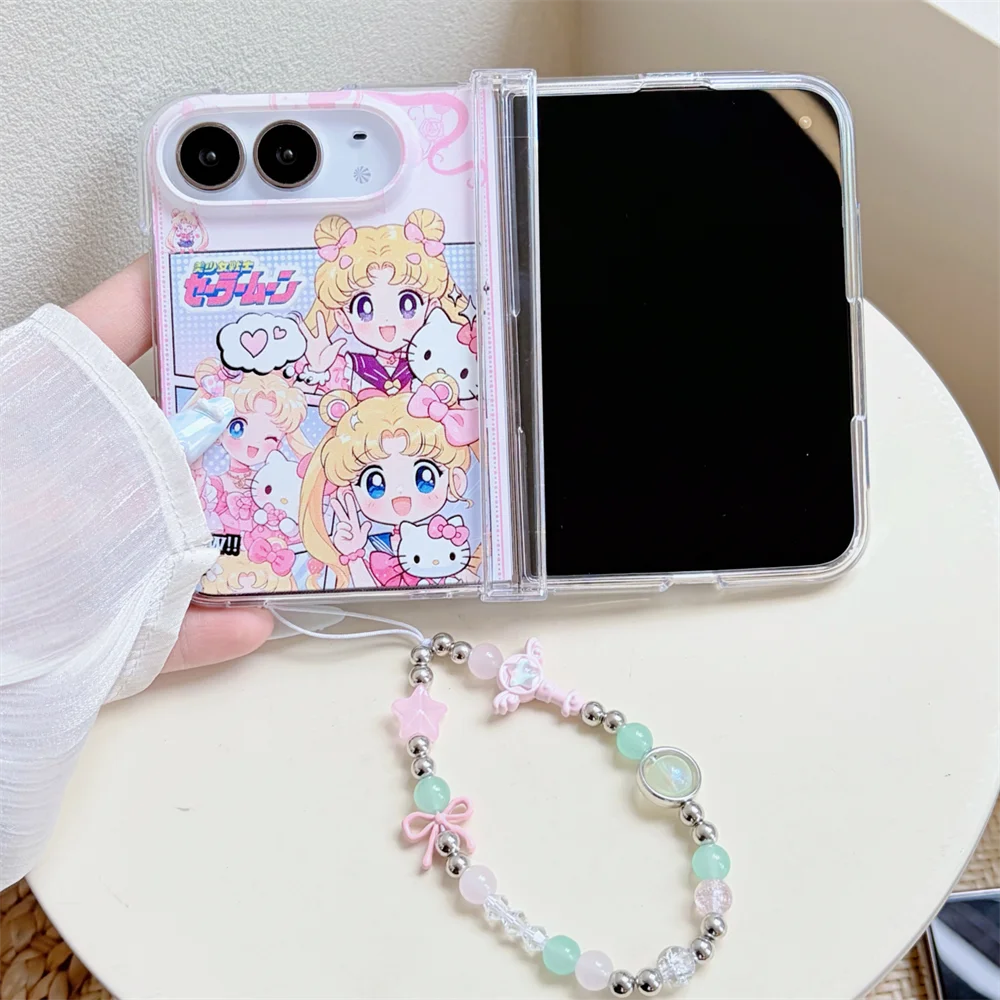 Korean Fashion Cute Cat Anime Girl Phone Case For iPhone Duo With Holder Kawaii Anti-Fall Protective Cover For Apple Duo Case