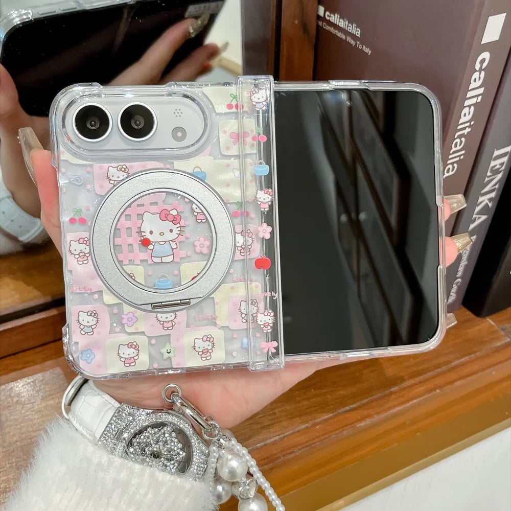 Kawaii Cartoon Kitten New Magnetic Phone Case for iPhone Duo Fashion Folding Anti-fall Protective Cover with MagSafe Holder Cute