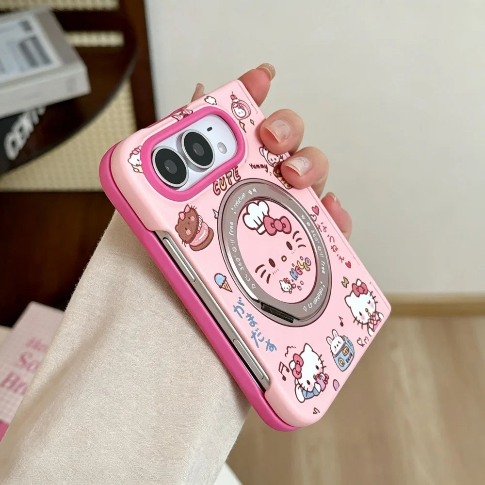 Fashion Ins Cute Cat Pink Phone Case for iPhone Duo Protective Cover with Magsafe Stand New Kawaii Cartoon Anti-fall Phone Cases