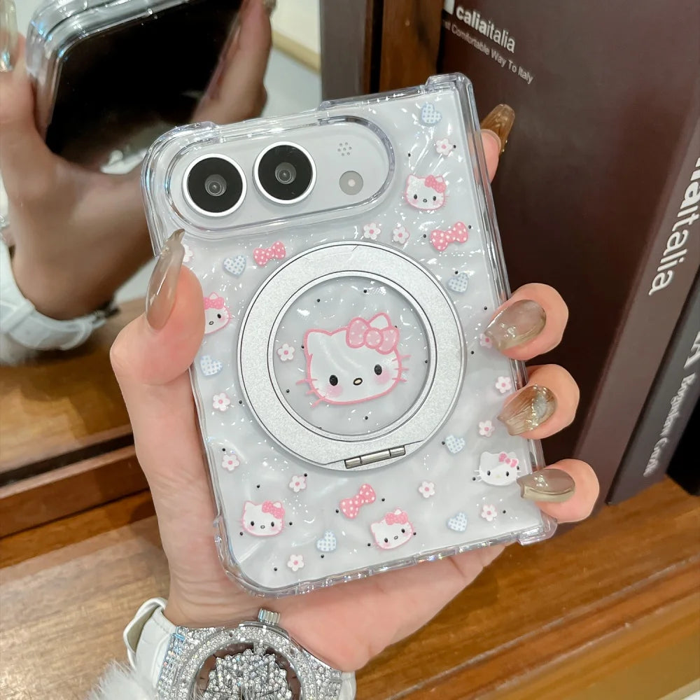 Kawaii Cartoon Kitten New Magnetic Phone Case for iPhone Duo Fashion Folding Anti-fall Protective Cover with MagSafe Holder Cute