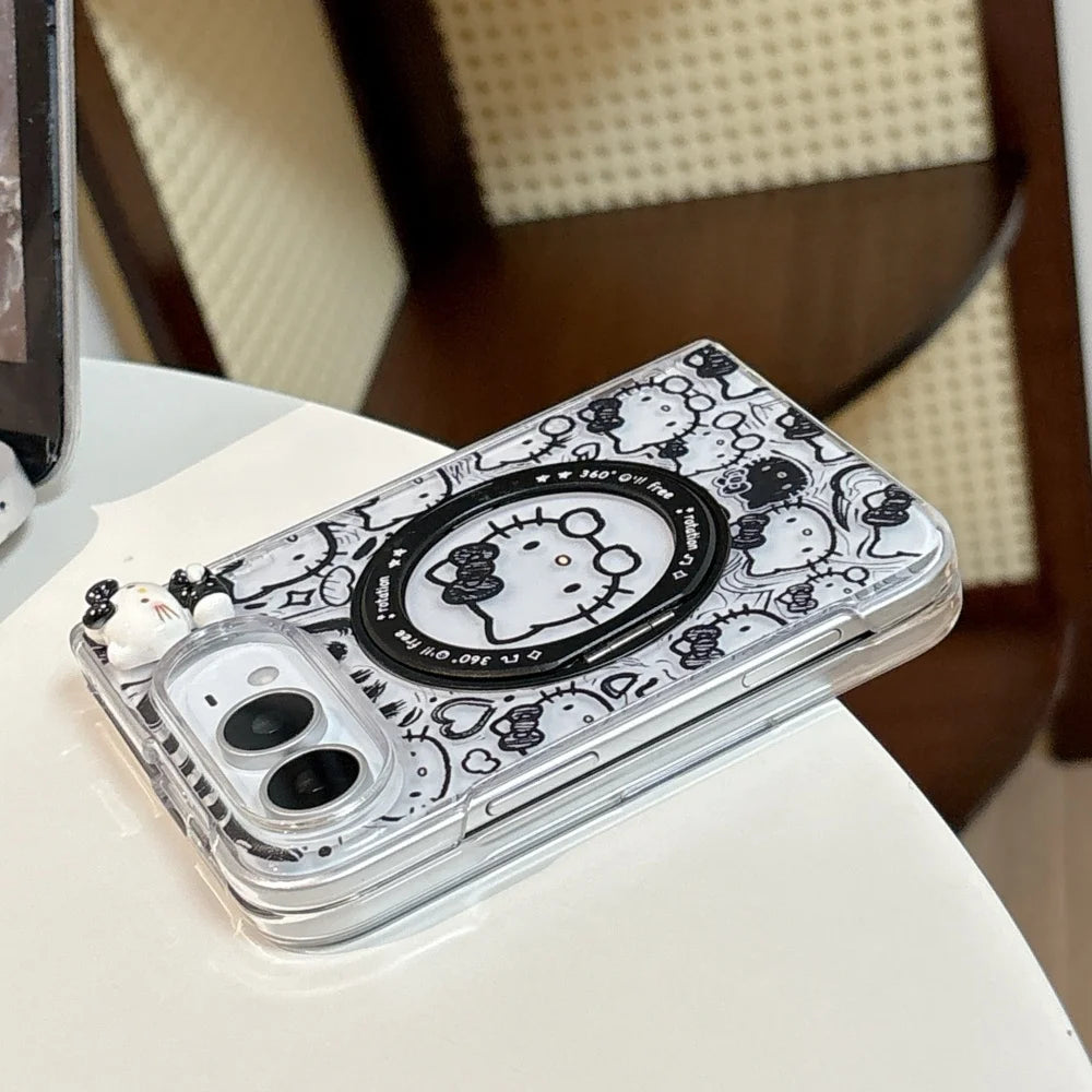 New Korean Ins Cute 3D Cartoon Cat Magnetic Phone Case for iPhone Duo Cases Fashion Anti-fall Protective Set with MagSafe Holder