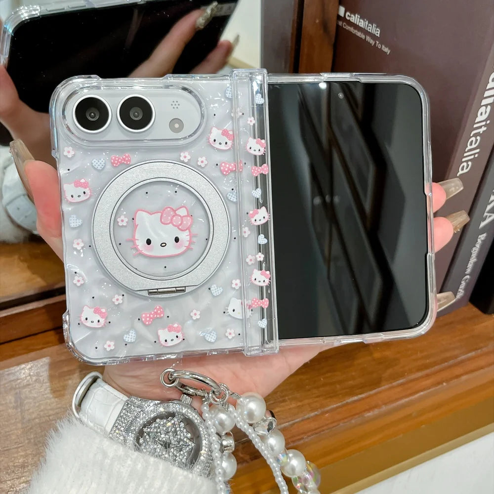 Kawaii Cartoon Kitten New Magnetic Phone Case for iPhone Duo Fashion Folding Anti-fall Protective Cover with MagSafe Holder Cute
