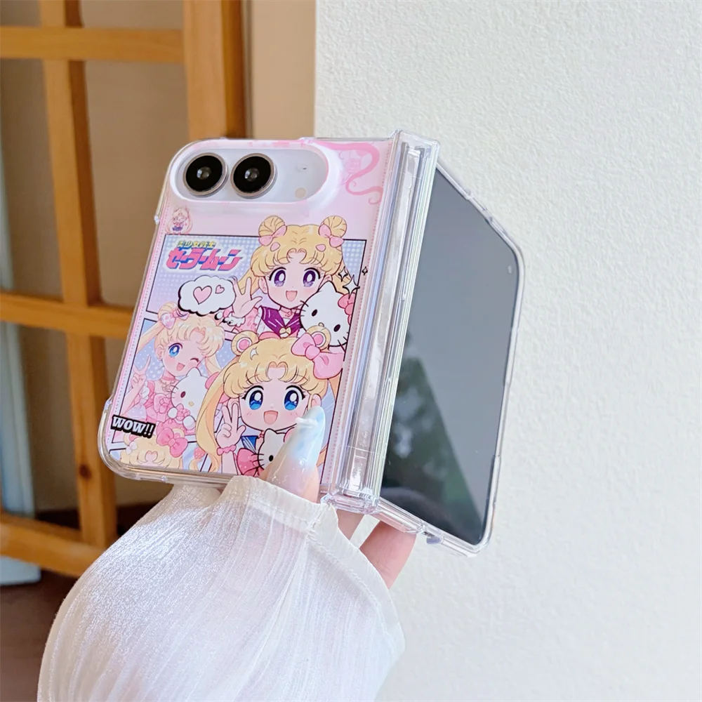 Korean Fashion Cute Cat Anime Girl Phone Case For iPhone Duo With Holder Kawaii Anti-Fall Protective Cover For Apple Duo Case