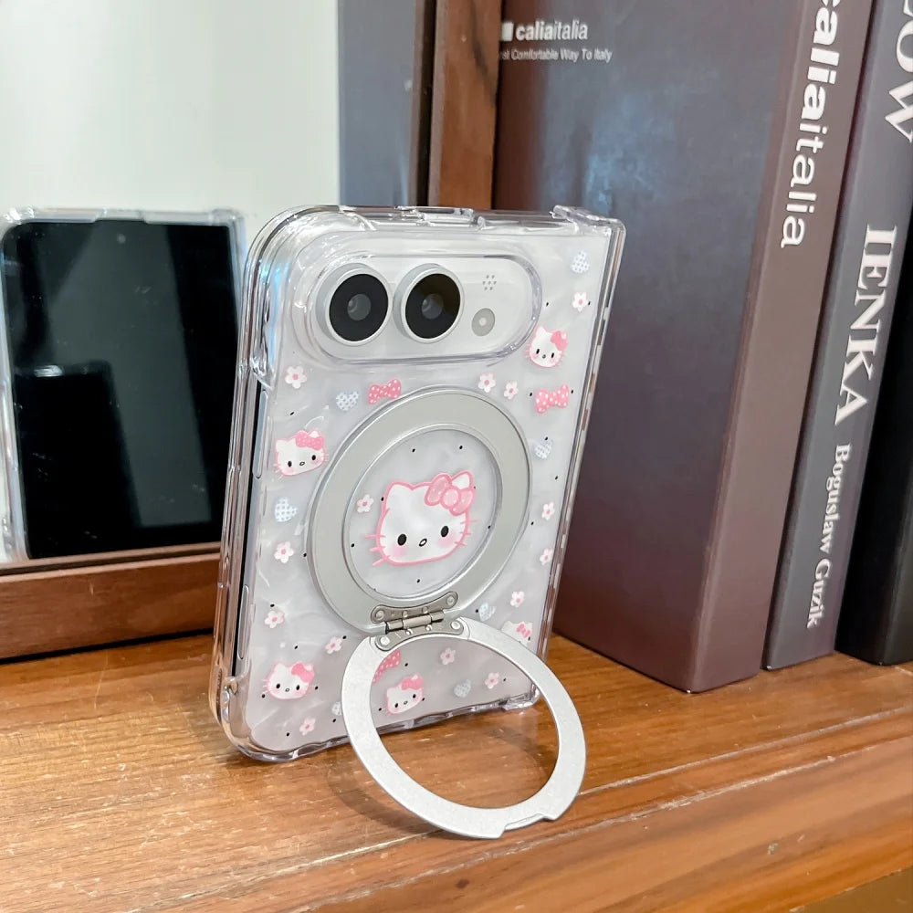 Kawaii Cartoon Kitten New Magnetic Phone Case for iPhone Duo Fashion Folding Anti-fall Protective Cover with MagSafe Holder Cute