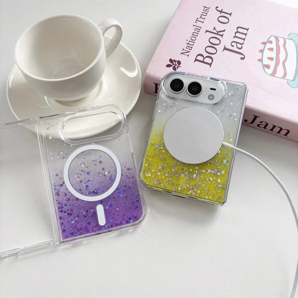 Fashion Girlish Glitter Sparkling Gradient Magnetic Phone Case for iPhone Duo 18 Fold for Magsafe Ultra Slim Translucent Cover