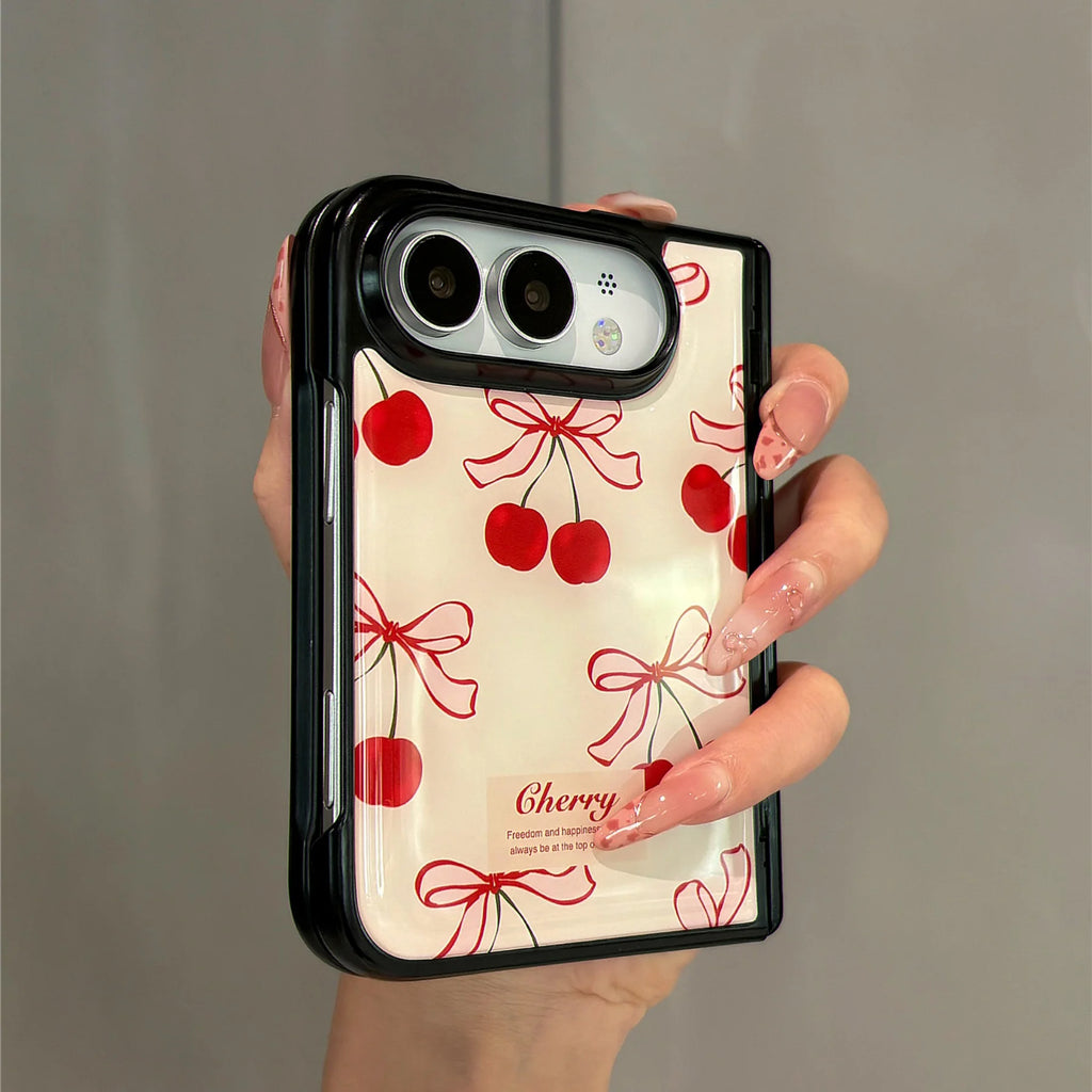 Ins Korean Cute Bow Cherry Black Border Phone Case for iPhone Duo 18 Fold iPhone Ultra Shockproof Stylish Hard Back Cover