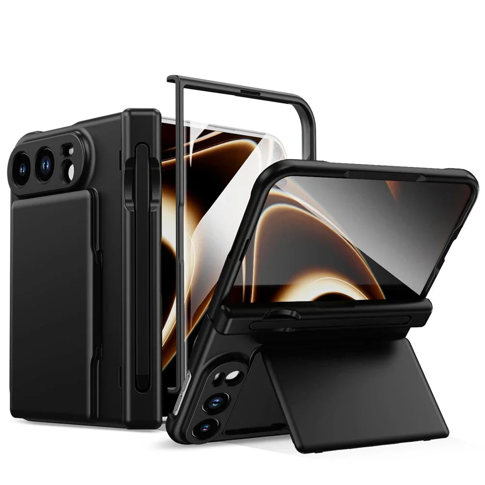 Luxury Matte Card Holder Fold Phone Case for iPhone Duo S Pen with Tempered Glass Screen Protector and Full-Protection Cover