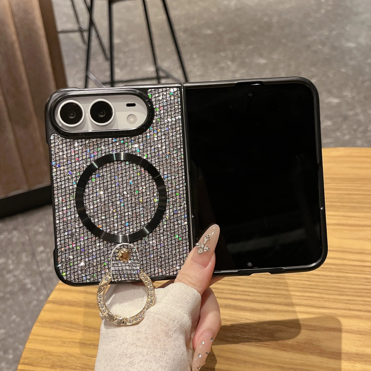 Luxury Fashion Glitter Diamond Frosted Phone Case for iPhone Duo 18 Fold for Magsafe Ring Holder Shockproof Protect Back Cover
