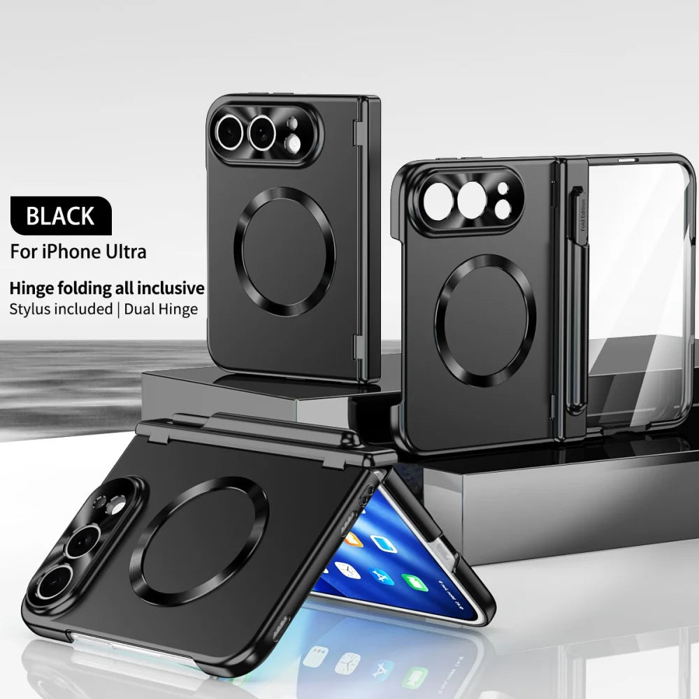 High-Grade Magnetic Plating Hinge Protection Phone Case for iPhone Duo for Magsafe Bracket Cover With Front Screen Tempered Film