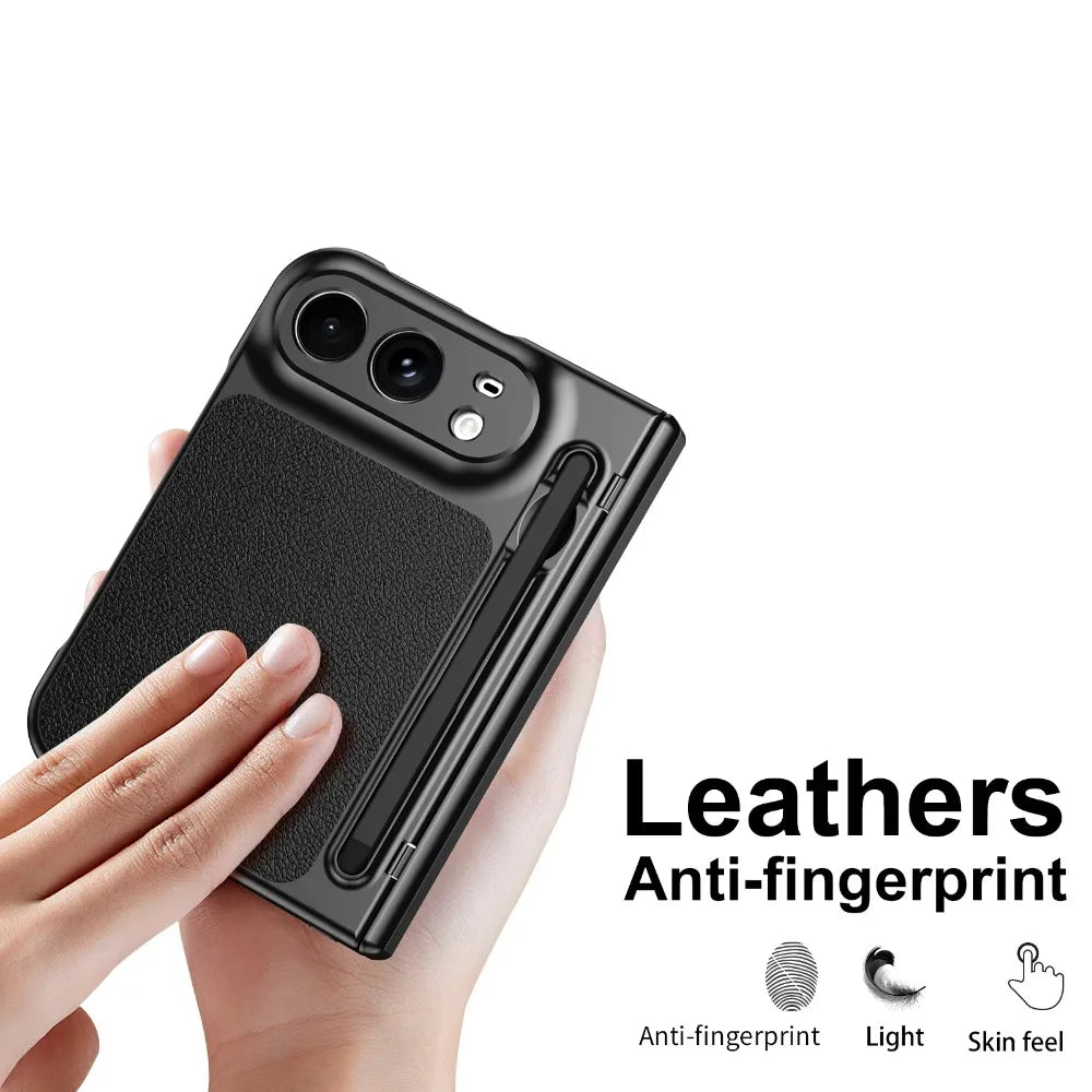 High End S Pen Phone Case for iPhone Duo Hinge Protection & Built-in Screen Protector Leather Phone Cover for iPhone Duo