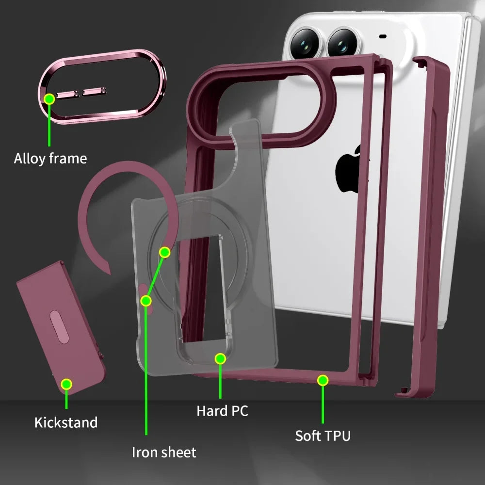 For Iphone Duo Luxury Transparent Burgundy for Magsafe Bracket Phone Case for Iphone Duo Shockproof Magnetic Holder Cover
