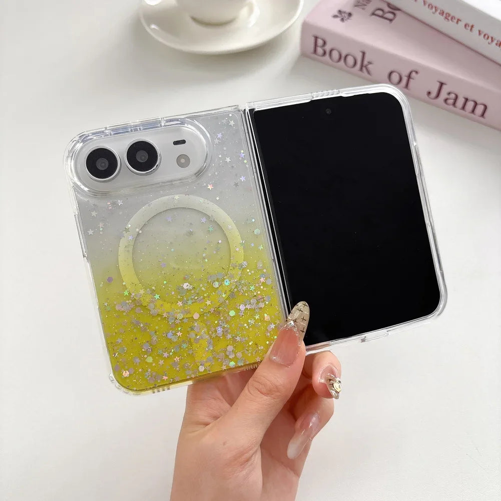 Fashion Girlish Glitter Sparkling Gradient Magnetic Phone Case for iPhone Duo 18 Fold for Magsafe Ultra Slim Translucent Cover