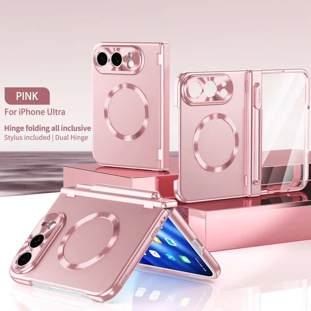 High-Grade Magnetic Plating Hinge Protection Phone Case for iPhone Duo for Magsafe Bracket Cover With Front Screen Tempered Film