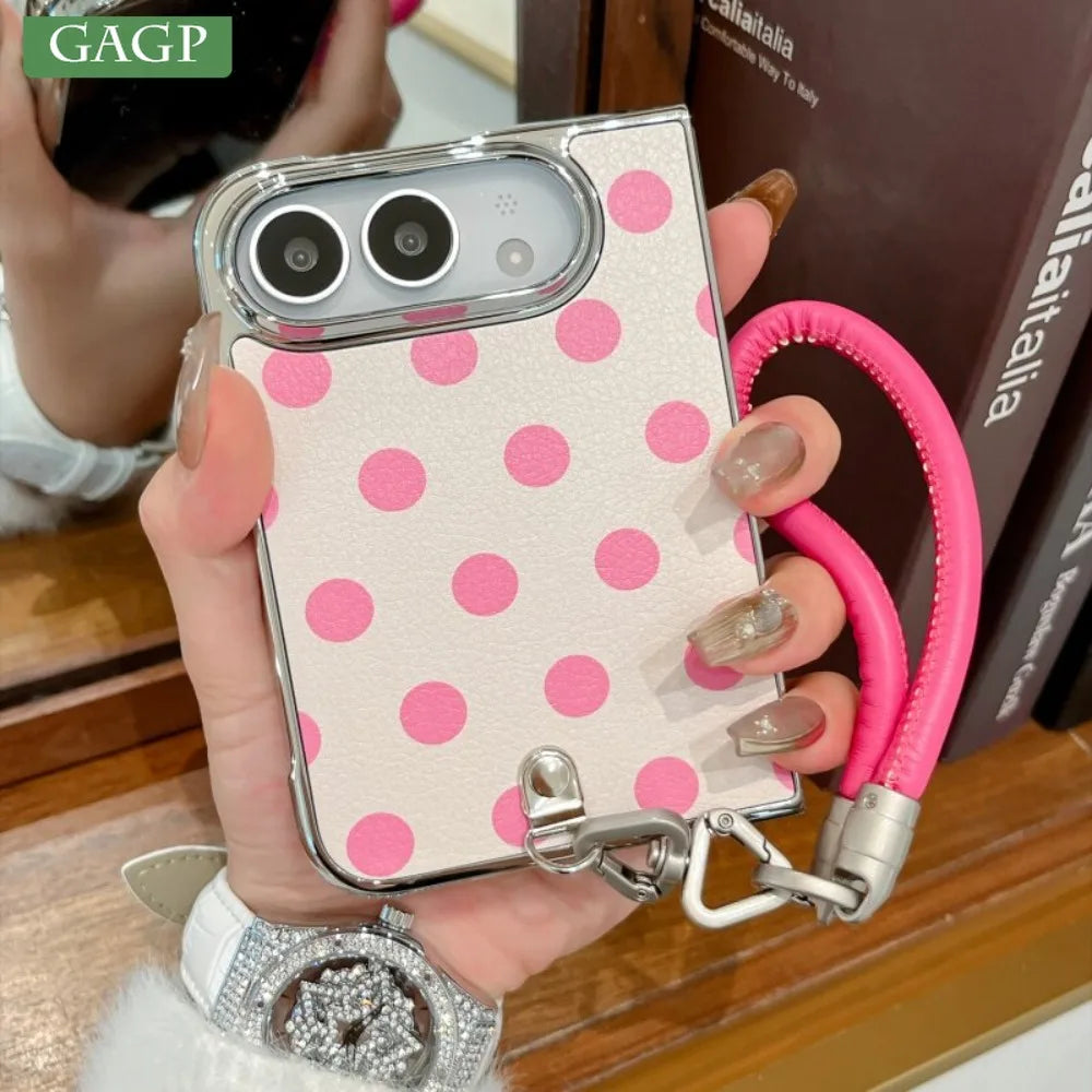 Dopamine Electroplated PU Leather Colorful Polka Dots Lanyard Fold Case for iPhone Duo duo Wristband Shockproof Hard Fold Cover