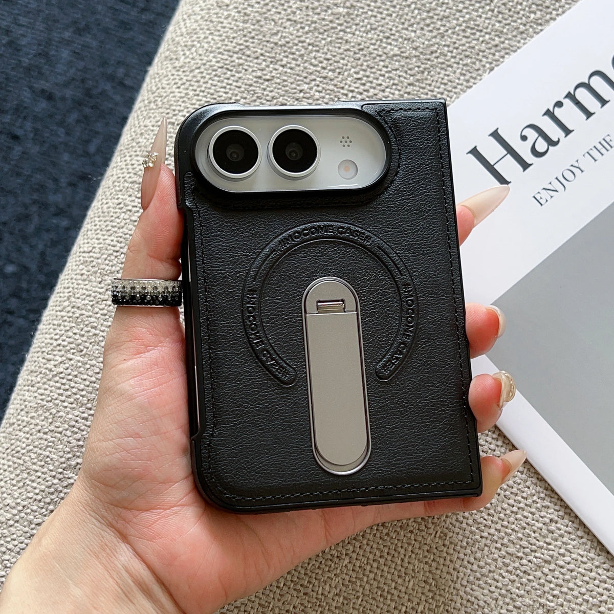 For Magsafe For iPhone Duo Case Luxury Matte Leather Magnetic Rotating Ring Holder Shockproof Protection Back Cover Accessories