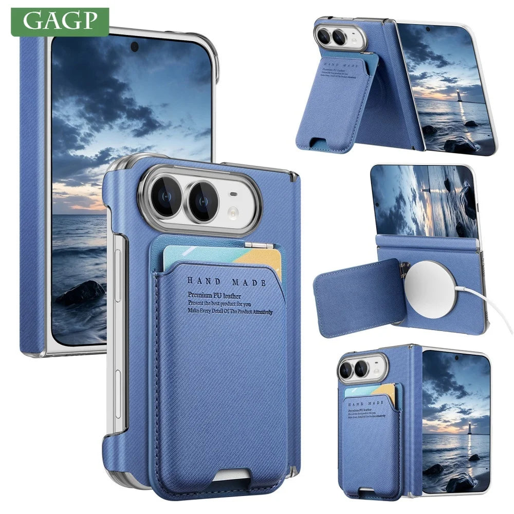 Card Slot Wallet Kickstand Bracket Cloth Texture Magnetic Cases For iPhone Duo 18 Fold Hinge Central Axis Protection Back Cover