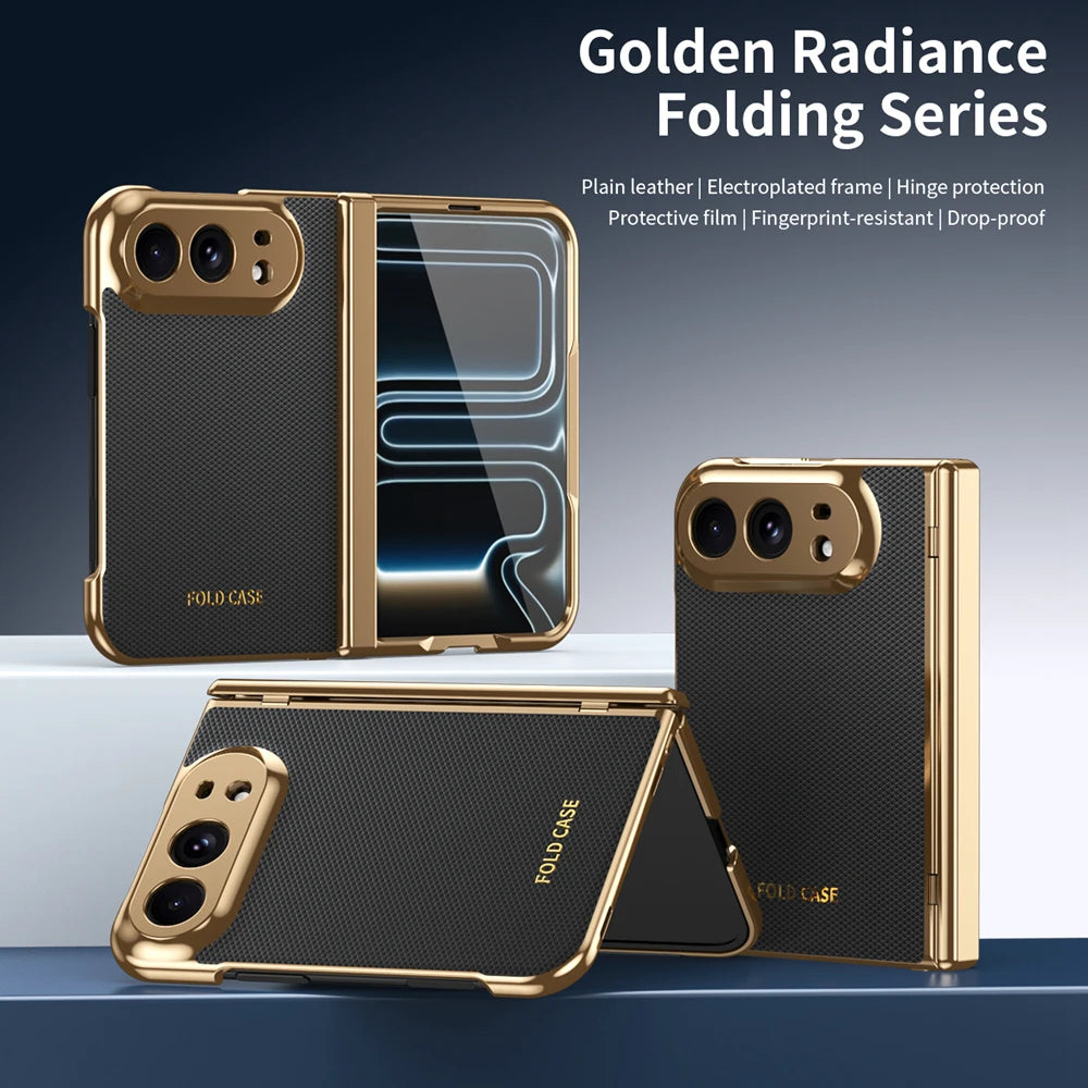 High Quality Plating PU Leather Texture Phone Case for IPhone Duo 5G 2026 with Tempered Glass Screen Protect Shockproof Cover