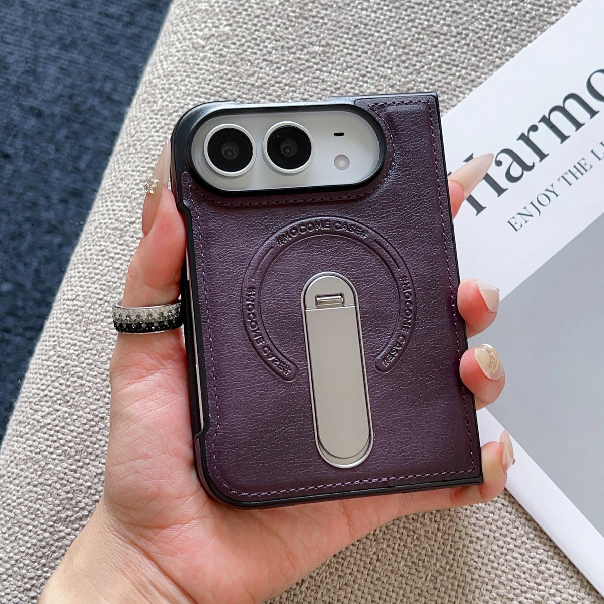 For Magsafe For iPhone Duo Case Luxury Matte Leather Magnetic Rotating Ring Holder Shockproof Protection Back Cover Accessories