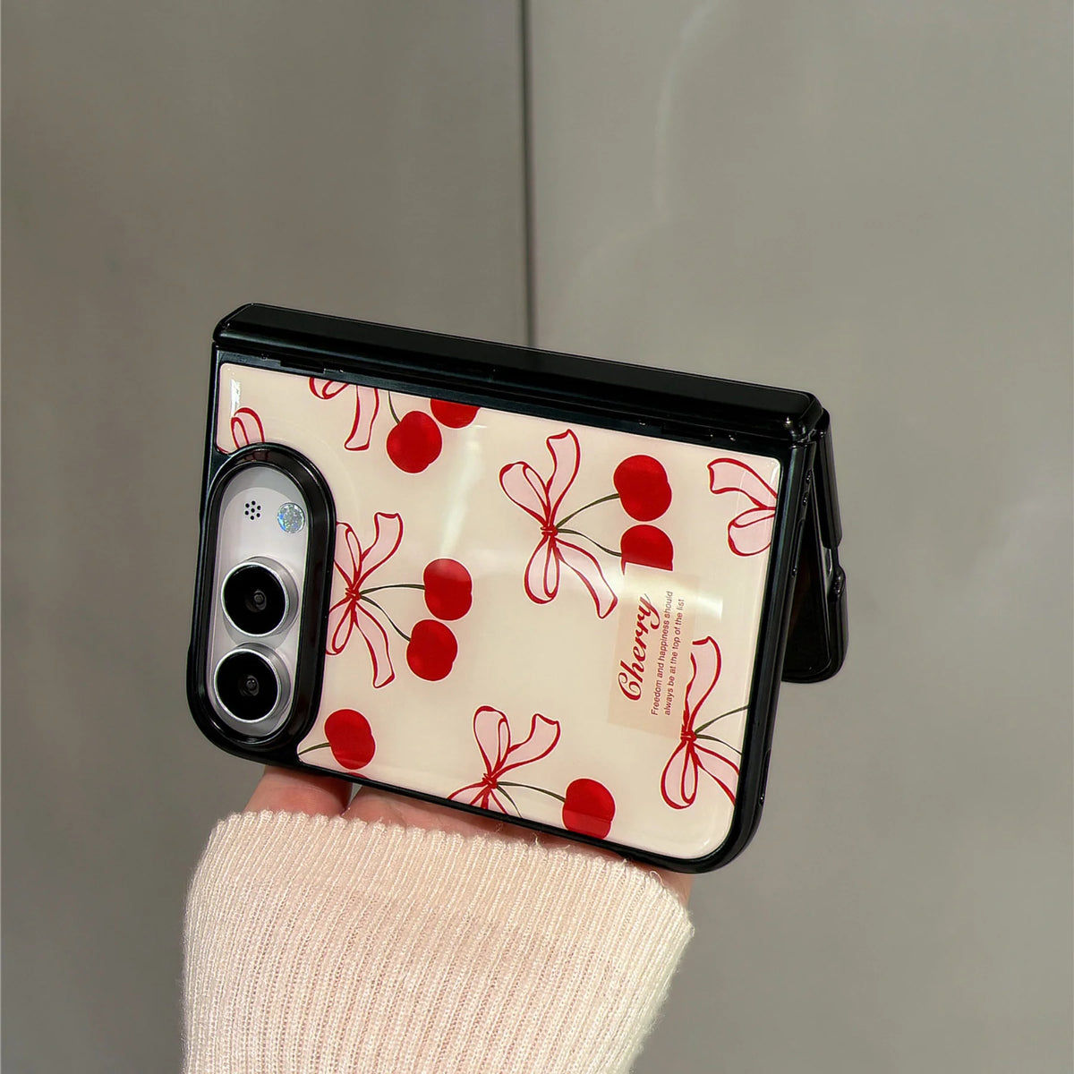 Ins Korean Cute Bow Cherry Black Border Phone Case for iPhone Duo 18 Fold iPhone Ultra Shockproof Stylish Hard Back Cover
