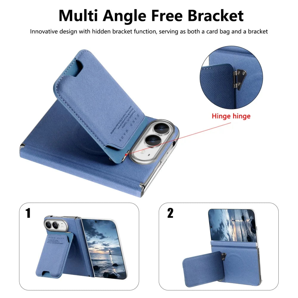 Card Slot Wallet Kickstand Bracket Cloth Texture Magnetic Cases For iPhone Duo 18 Fold Hinge Central Axis Protection Back Cover