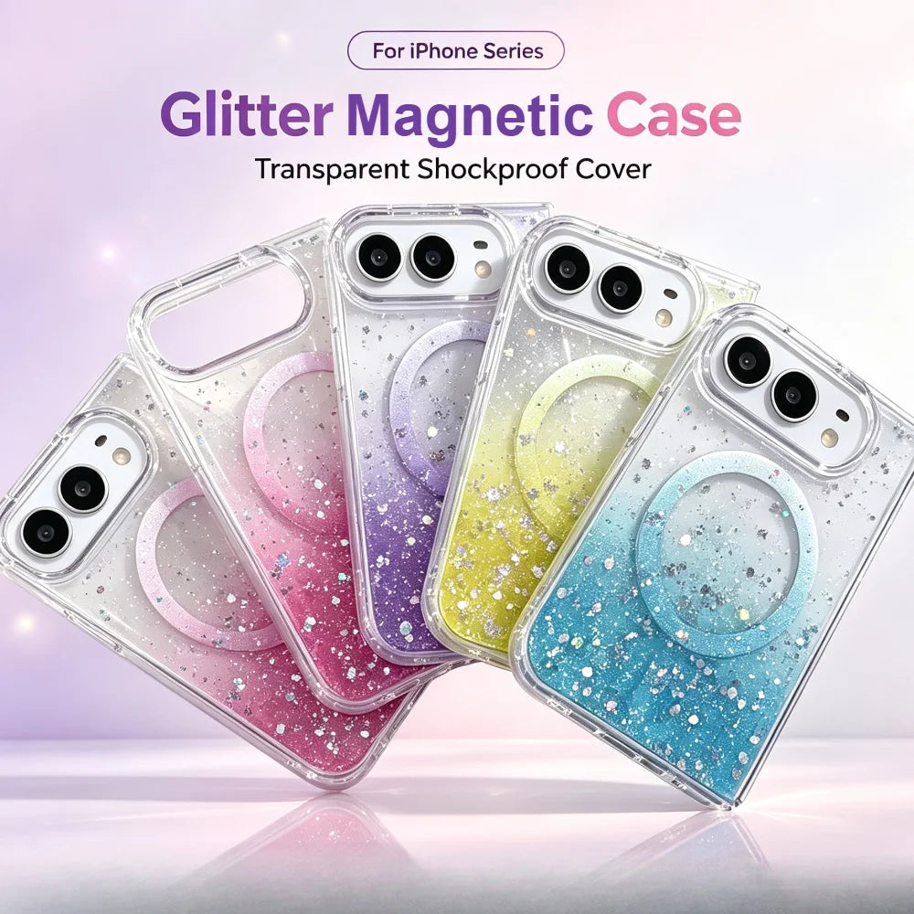 Fashion Girlish Glitter Sparkling Gradient Magnetic Phone Case for iPhone Duo 18 Fold for Magsafe Ultra Slim Translucent Cover