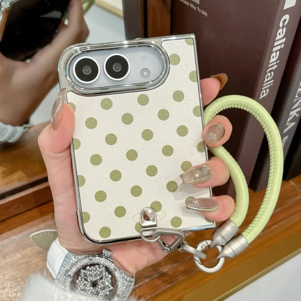 Dopamine Electroplated PU Leather Colorful Polka Dots Lanyard Fold Case for iPhone Duo duo Wristband Shockproof Hard Fold Cover