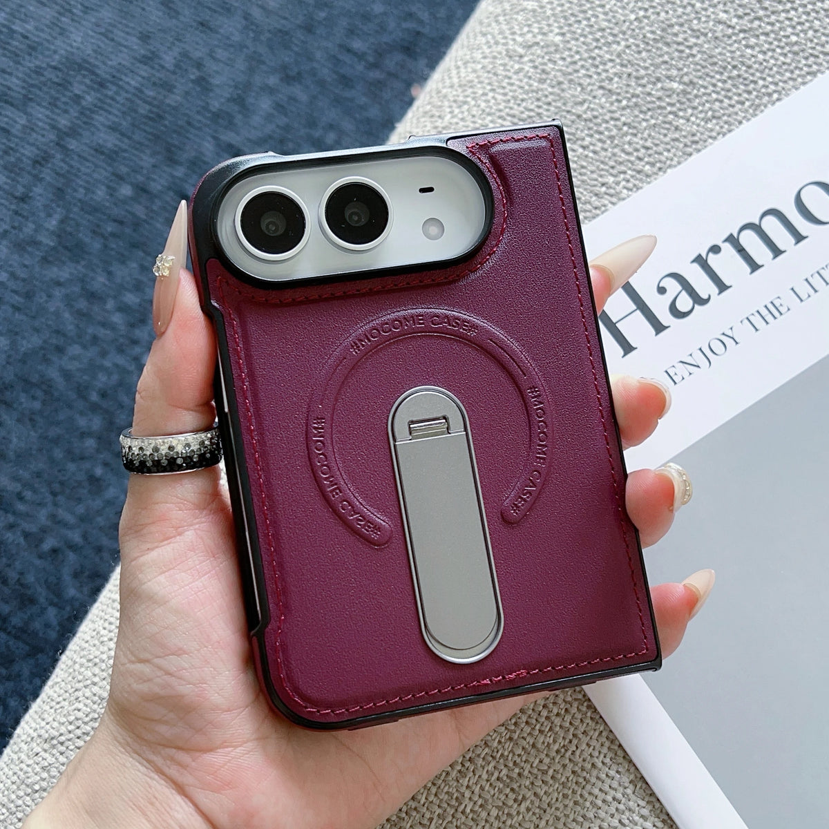 For Magsafe For iPhone Duo Case Luxury Matte Leather Magnetic Rotating Ring Holder Shockproof Protection Back Cover Accessories