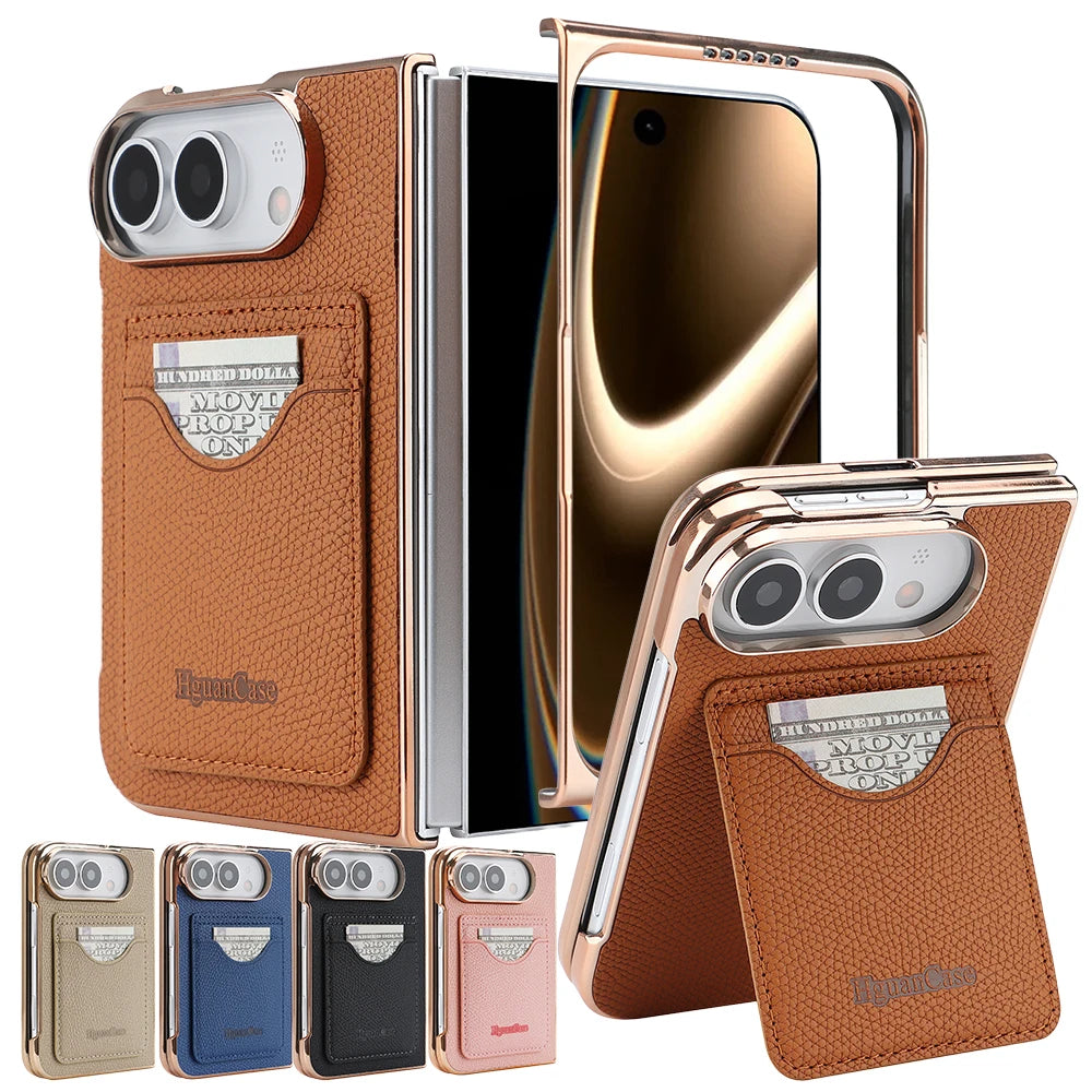 PU Leather Wallet Case For iPhone Duo Fold Electroplated Frame Foldable Kickstand Shockproof Protective Phone Cover