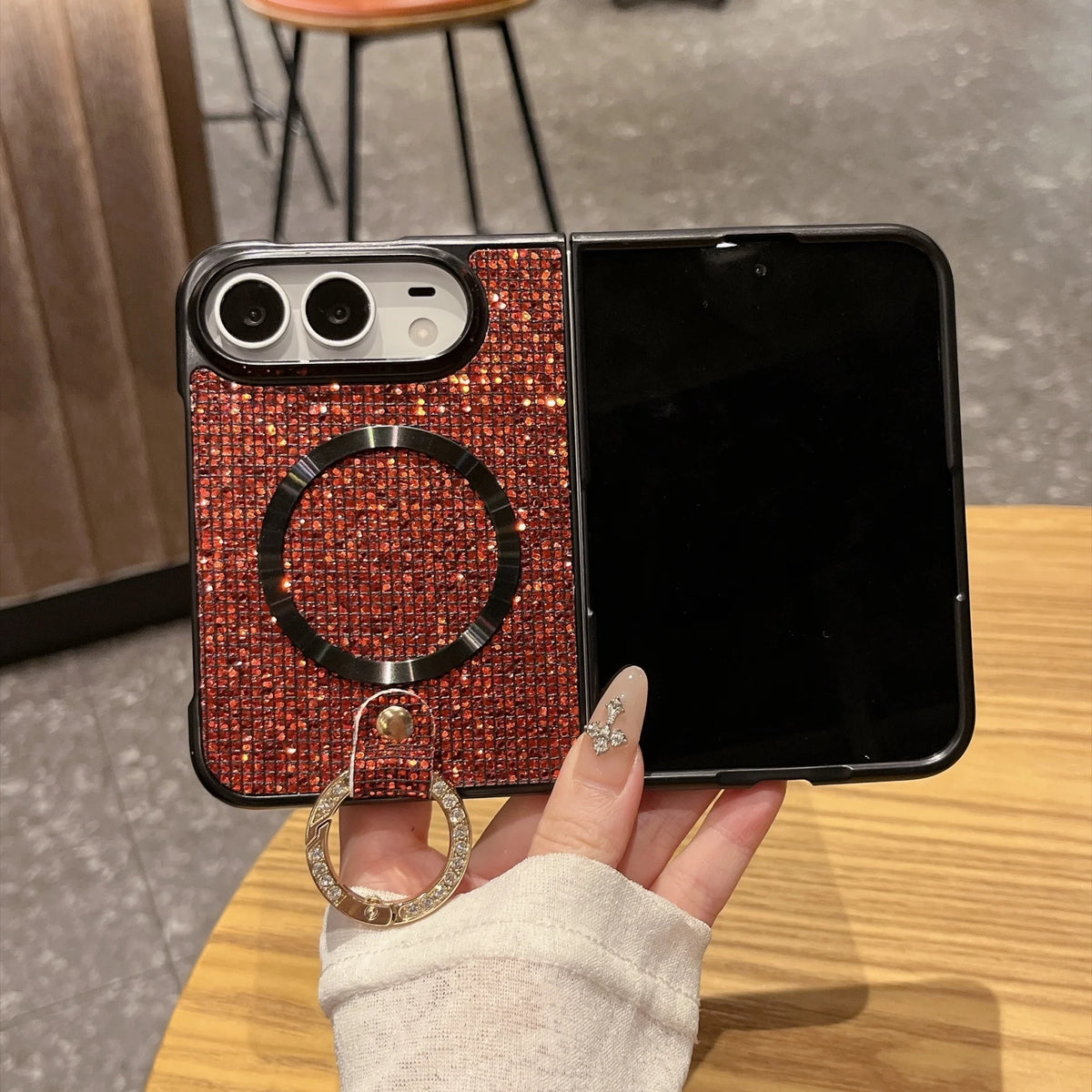 Luxury Fashion Glitter Diamond Frosted Phone Case for iPhone Duo 18 Fold for Magsafe Ring Holder Shockproof Protect Back Cover