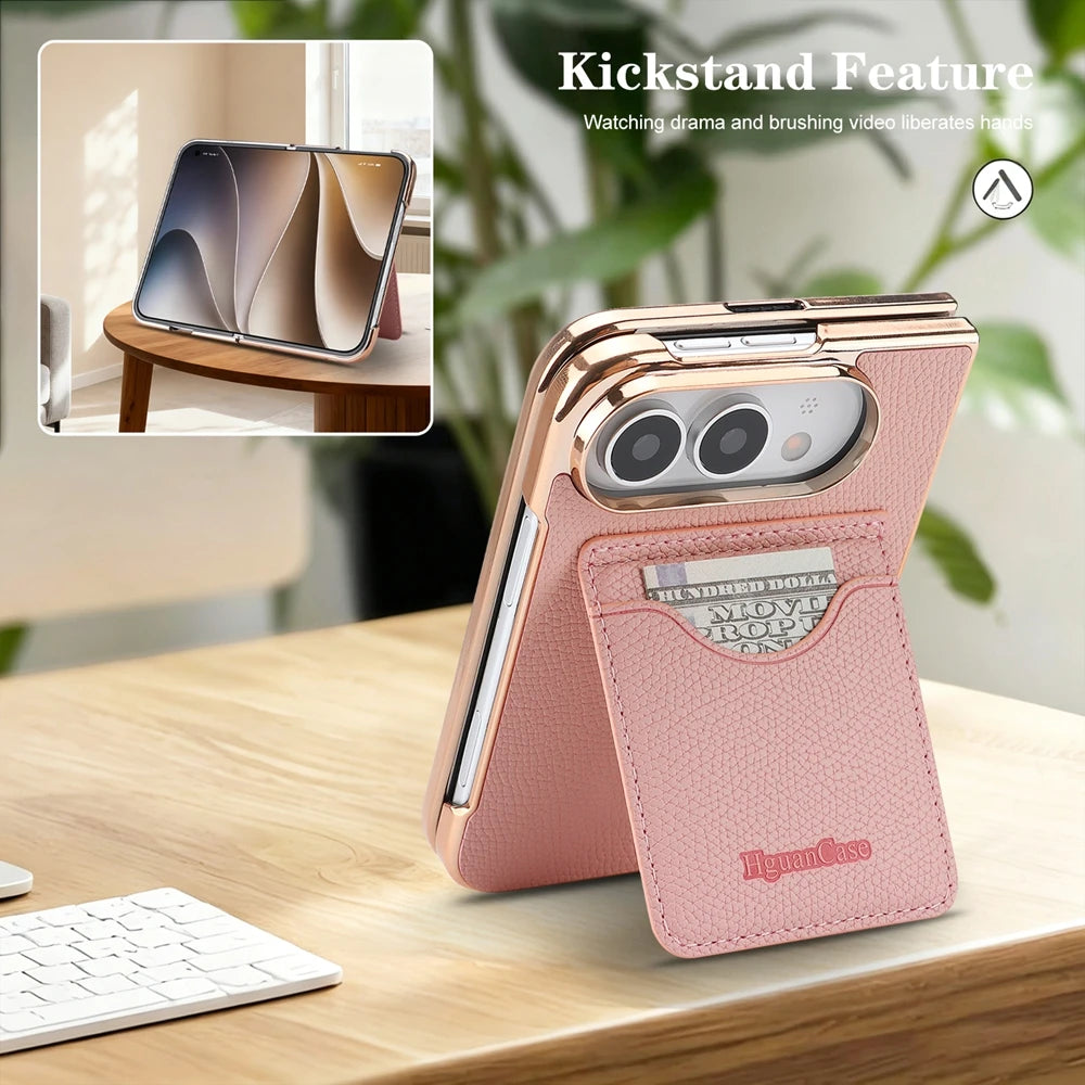 PU Leather Wallet Case For iPhone Duo Fold Electroplated Frame Foldable Kickstand Shockproof Protective Phone Cover