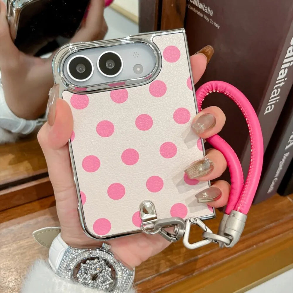 Dopamine Electroplated PU Leather Colorful Polka Dots Lanyard Fold Case for iPhone Duo duo Wristband Shockproof Hard Fold Cover
