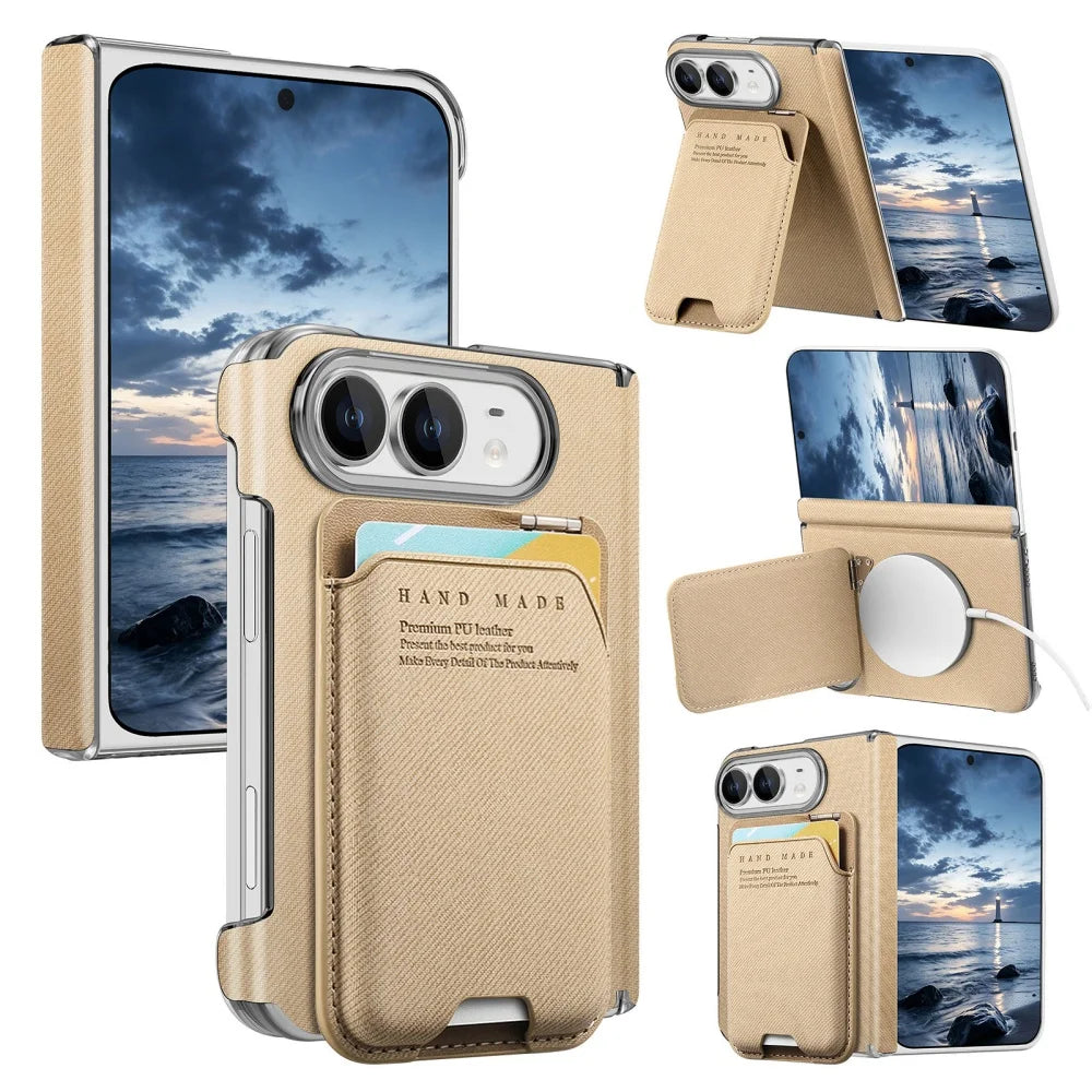 Card Slot Wallet Kickstand Bracket Cloth Texture Magnetic Cases For iPhone Duo 18 Fold Hinge Central Axis Protection Back Cover