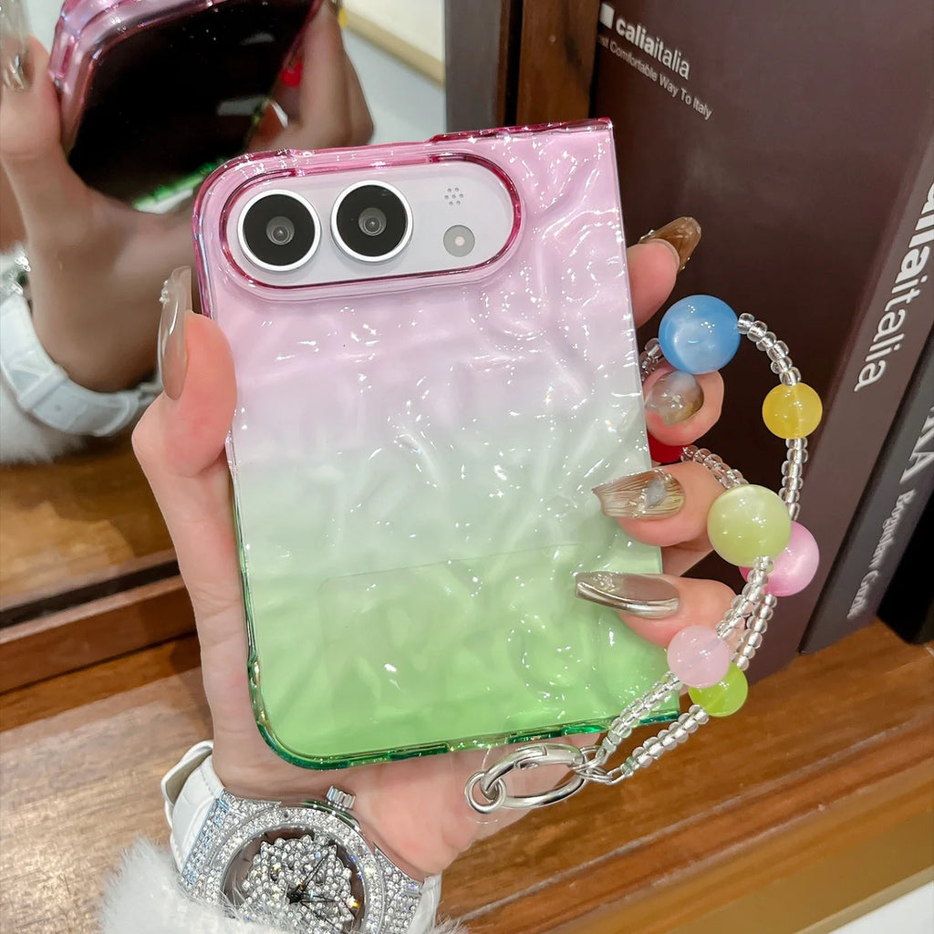 Creative Pleated Water Ripple Gradient Color Phone Case for iPhone Duo 2026 New 18 Fold Dopamine Bracelet Wristband Clear Cover
