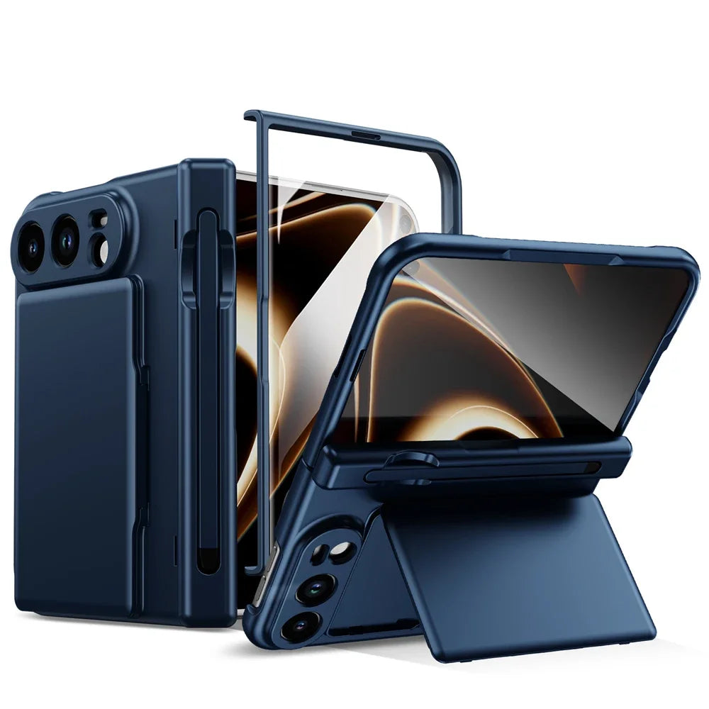 Luxury Matte Card Holder Fold Phone Case for iPhone Duo S Pen with Tempered Glass Screen Protector and Full-Protection Cover
