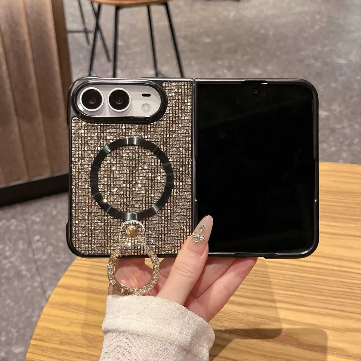 Luxury Fashion Glitter Diamond Frosted Phone Case for iPhone Duo 18 Fold for Magsafe Ring Holder Shockproof Protect Back Cover