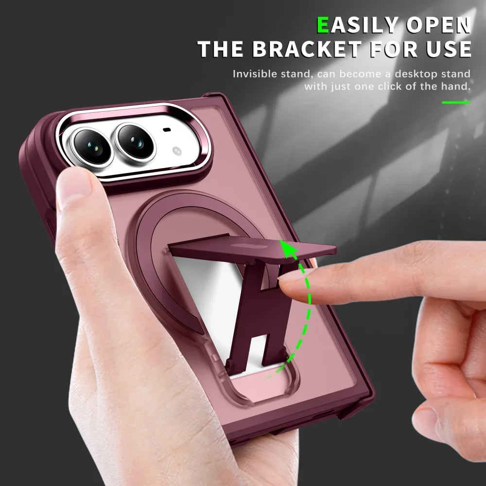 For Iphone Duo Luxury Transparent Burgundy for Magsafe Bracket Phone Case for Iphone Duo Shockproof Magnetic Holder Cover