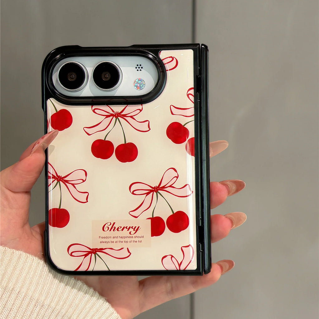 Ins Korean Cute Bow Cherry Black Border Phone Case for iPhone Duo 18 Fold iPhone Ultra Shockproof Stylish Hard Back Cover