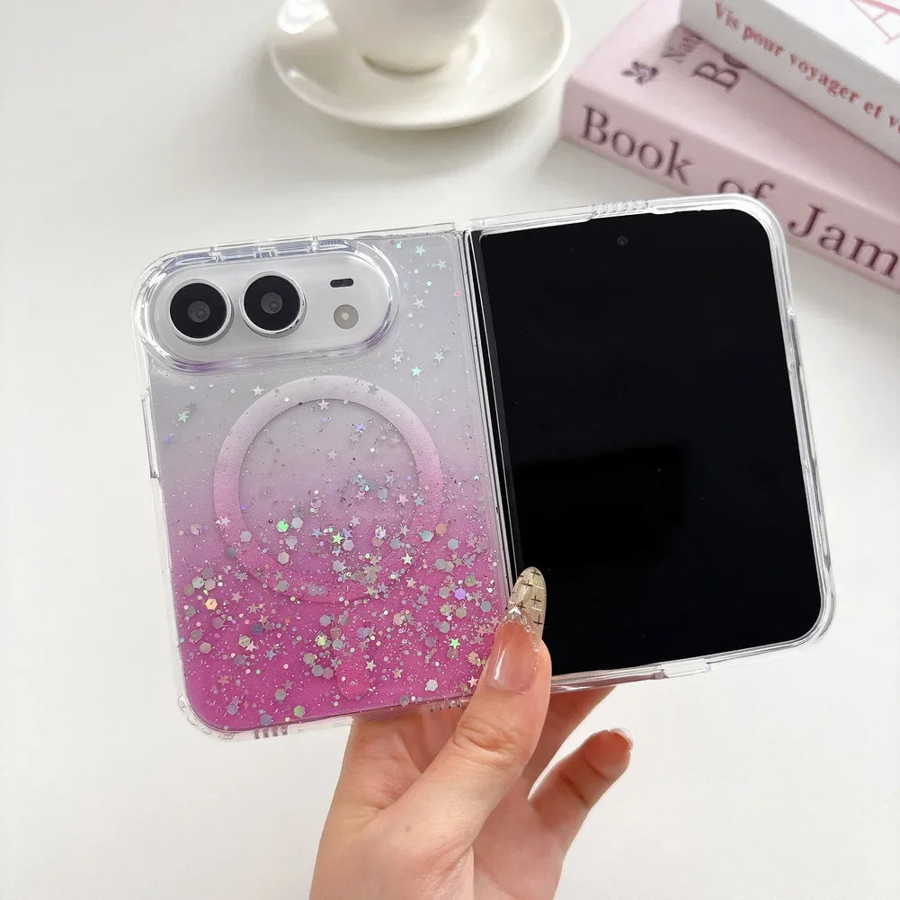 Fashion Girlish Glitter Sparkling Gradient Magnetic Phone Case for iPhone Duo 18 Fold for Magsafe Ultra Slim Translucent Cover