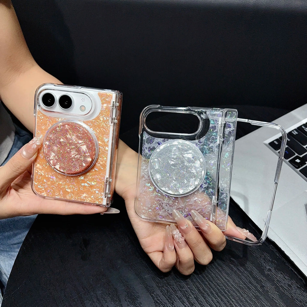 Case For Apple iPhone Duo For Foldable iPhone Duo For Magsafe With  Magnetic Ring Gilded Stand Luxury INS Shell Pattern Cover