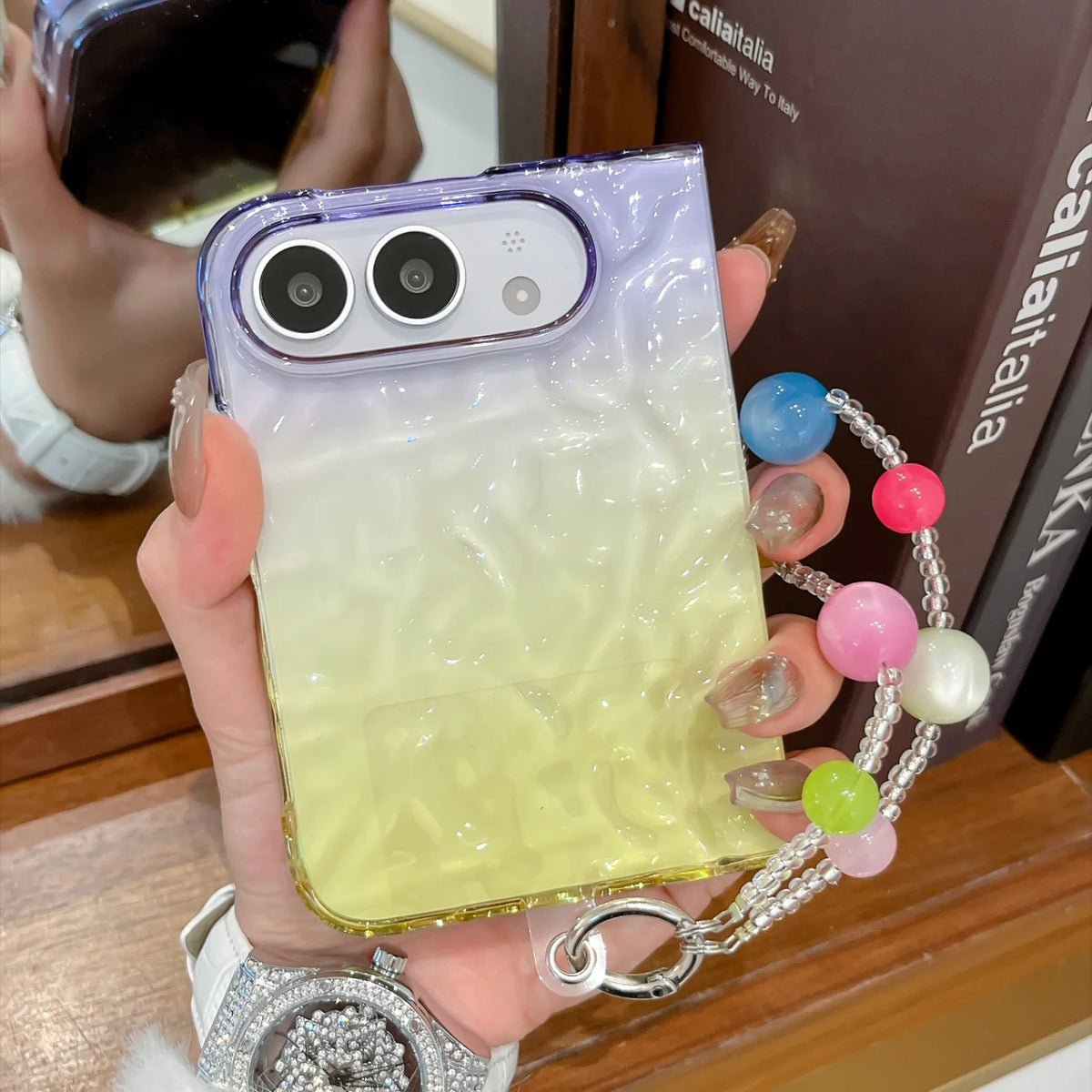 Creative Pleated Water Ripple Gradient Color Phone Case for iPhone Duo 2026 New 18 Fold Dopamine Bracelet Wristband Clear Cover