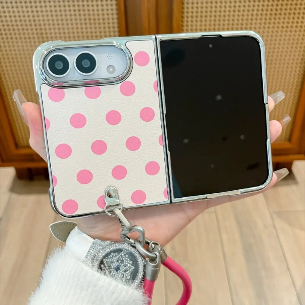 Dopamine Electroplated PU Leather Colorful Polka Dots Lanyard Fold Case for iPhone Duo duo Wristband Shockproof Hard Fold Cover