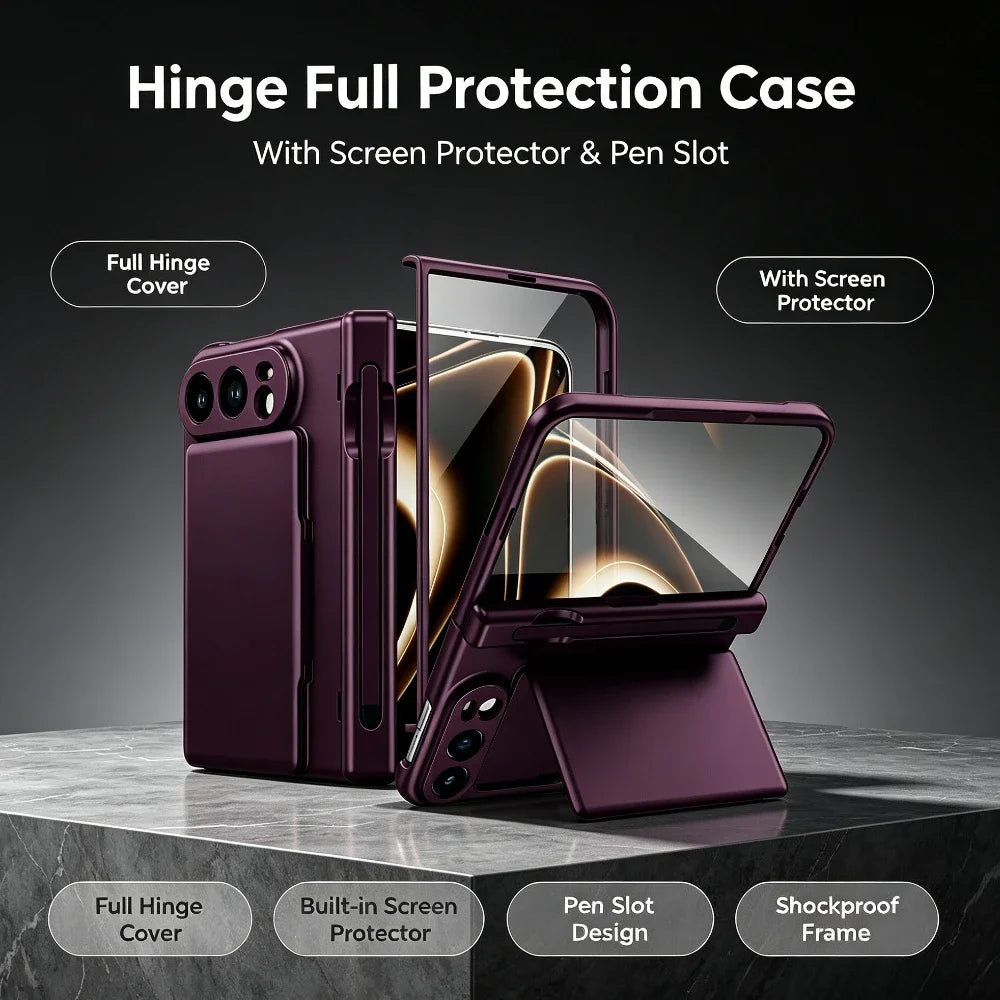 Luxury Matte Card Holder Fold Phone Case for iPhone Duo S Pen with Tempered Glass Screen Protector and Full-Protection Cover