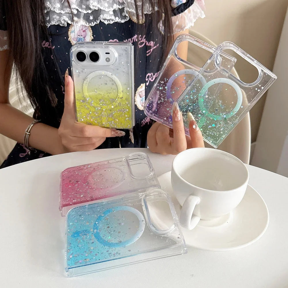 Fashion Girlish Glitter Sparkling Gradient Magnetic Phone Case for iPhone Duo 18 Fold for Magsafe Ultra Slim Translucent Cover