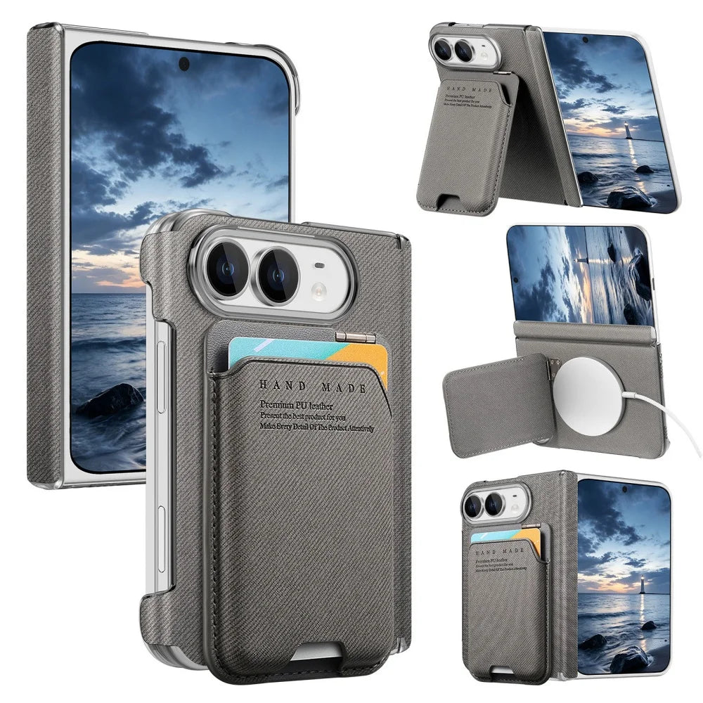 Card Slot Wallet Kickstand Bracket Cloth Texture Magnetic Cases For iPhone Duo 18 Fold Hinge Central Axis Protection Back Cover