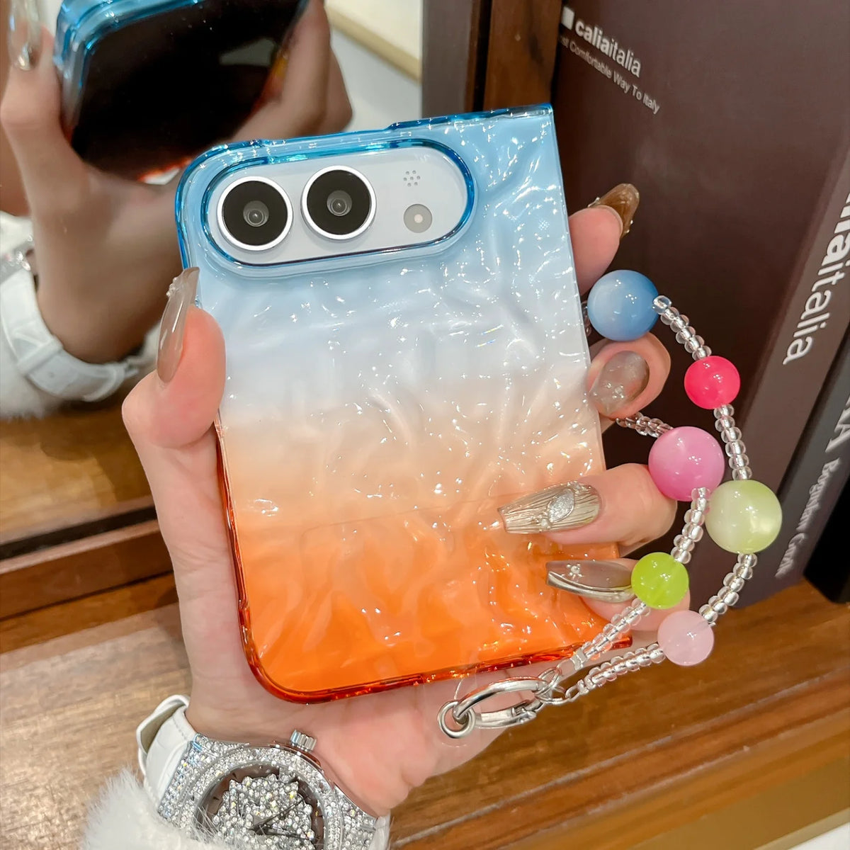 Creative Pleated Water Ripple Gradient Color Phone Case for iPhone Duo 2026 New 18 Fold Dopamine Bracelet Wristband Clear Cover